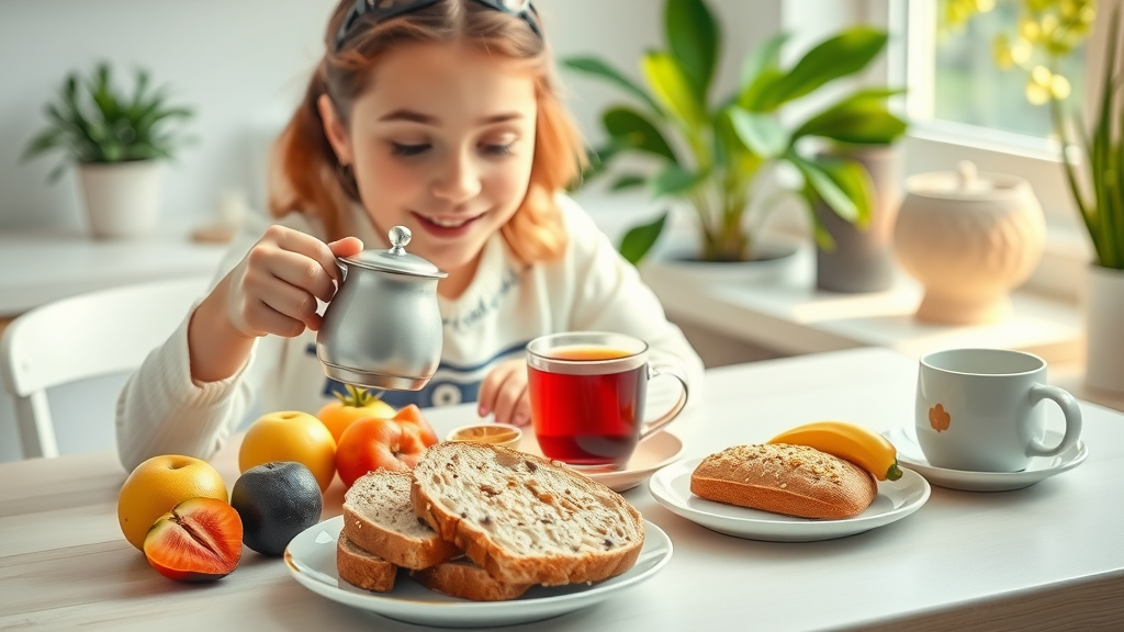 vibrant healthy breakfast with fruits, whole grains, and herbal tea to help get a flat stomach without exercise