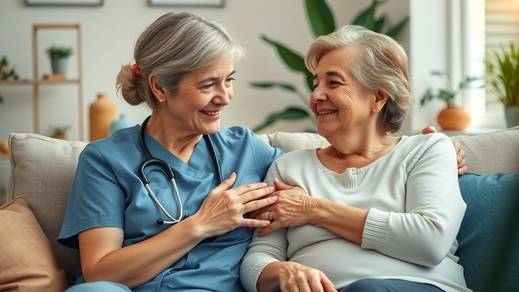 caring geriatric nurse comforting senior woman for insomnia in seniors, gently supporting on a cozy couch, warmly lit living room