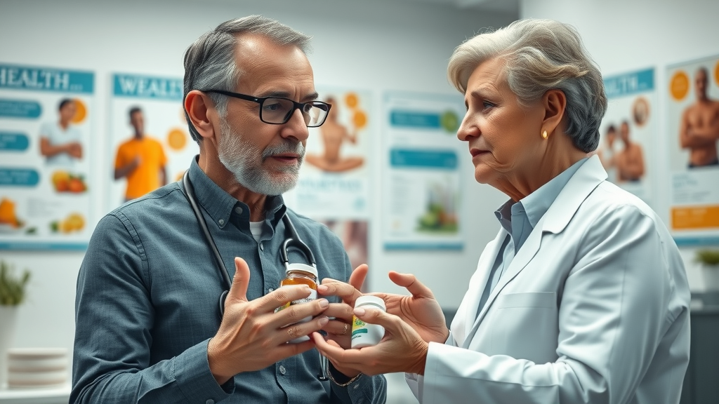 professional nutritionist consulting about burn belly fat pills in a modern clinic, discussing supplement bottles, clear natural interaction