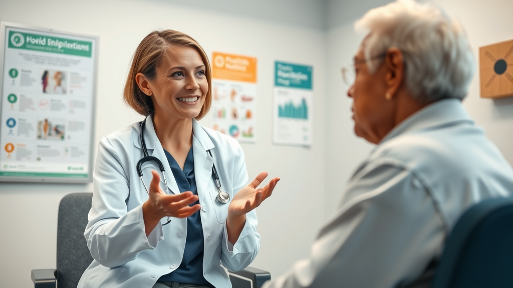 doctor advising older patient about supplements for arthritis pain relief in a friendly clinic setting