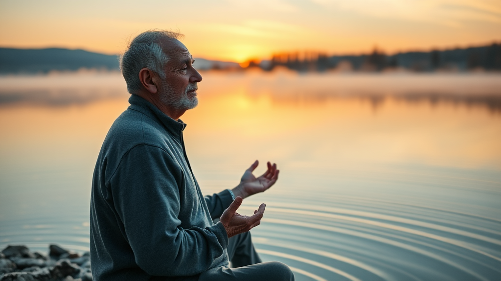 Serene senior man practicing mindfulness for mental health by meditating at sunrise