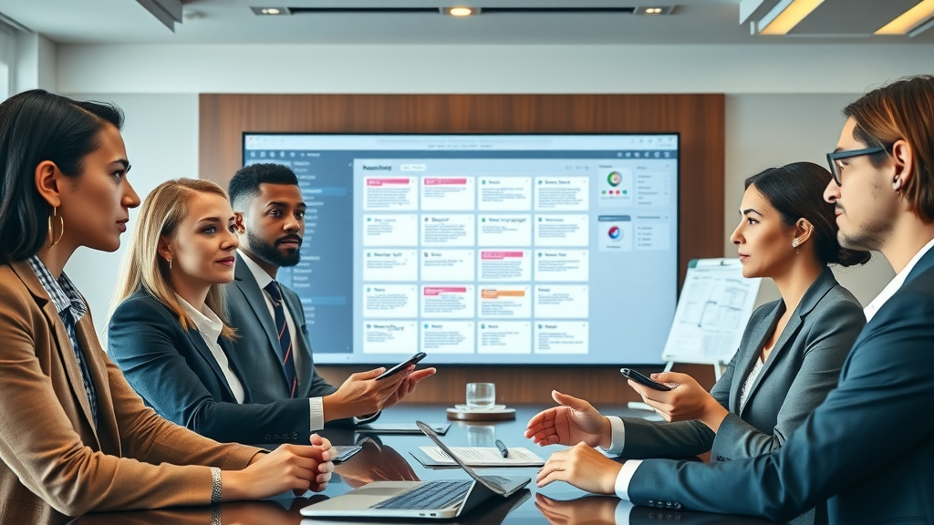 diverse legal team collaborating using workflow automation tools, shared legal case files and digital calendars on screen
