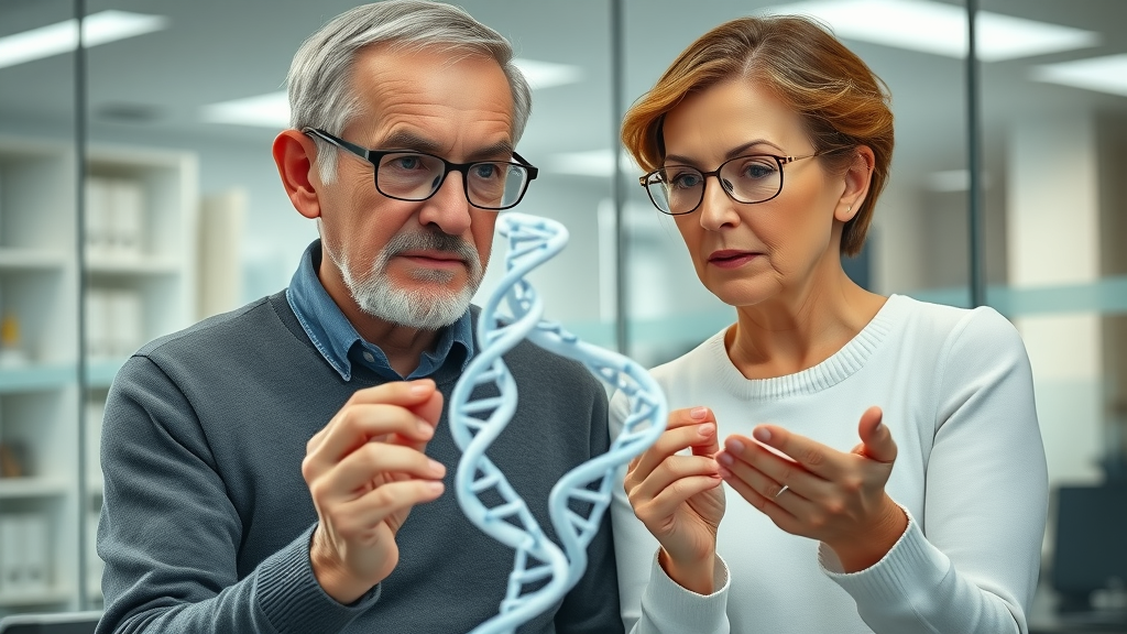 Elderly couple analyzing DNA models in longevity research