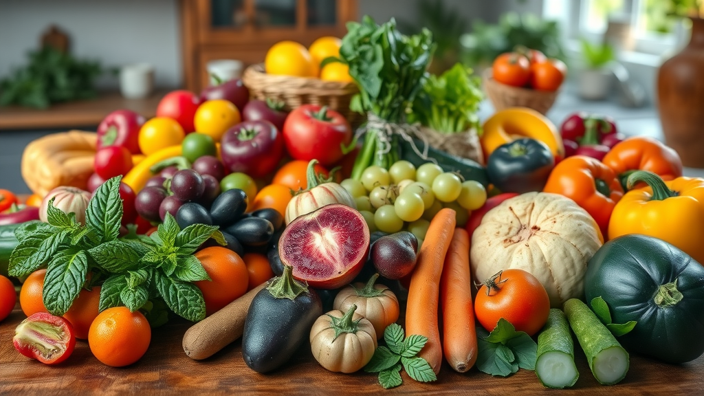 Colorful selection of fresh fruits and vegetables on a kitchen table, essential for a healthy life, longevity secrets