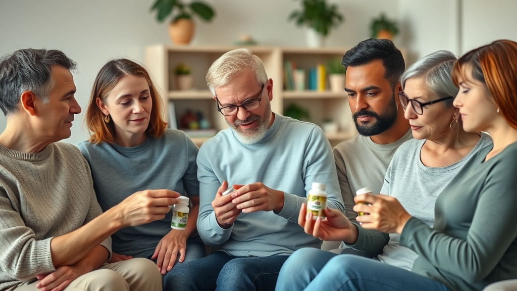 group of adults reviewing natural supplements diabetes in a modern living room