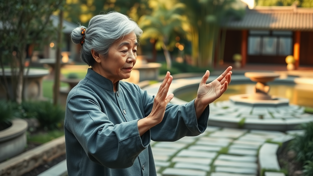 tai chi, a Chinese longevity exercise, being practiced by an elderly woman in a garden