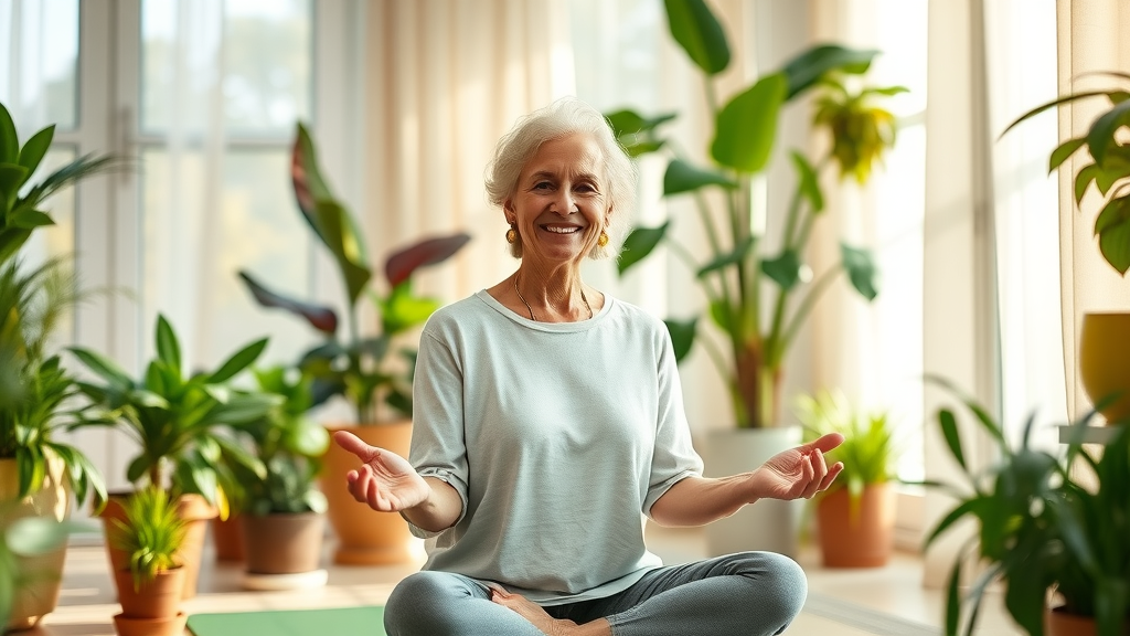 Cheerful senior woman meditating, mindfulness for senior mental wellness and sleep