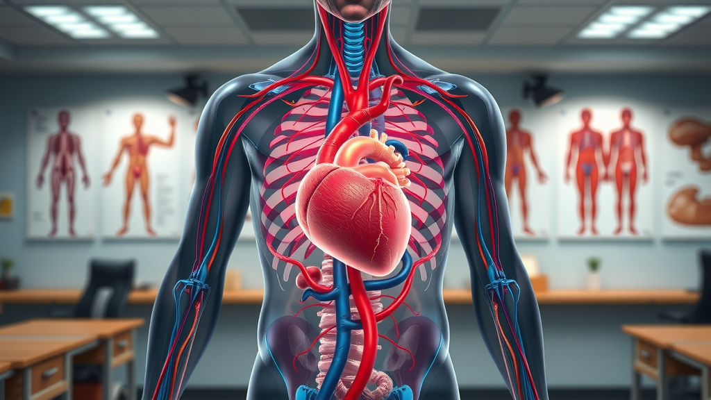 Anatomical illustration showing the heart, kidneys, and blood vessels with a focus on blood pressure and blood flow