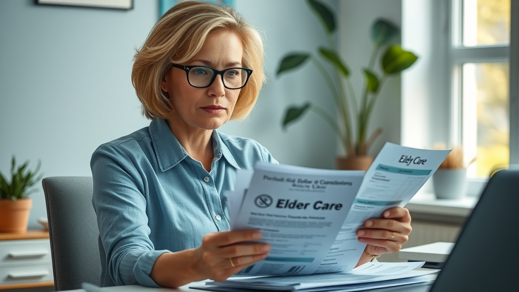 Confident professional woman reviewing elder care brochures and financial paperwork, senior healthcare services