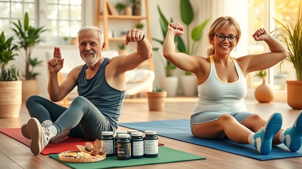 Older adults exercising and using supplement for losing belly fat alongside healthy meals