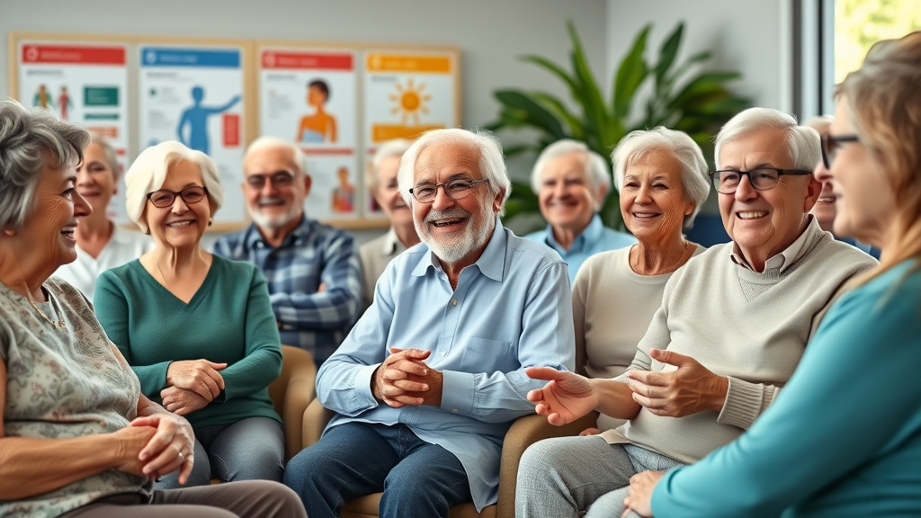 Vibrant group of seniors practicing healthy lifestyle for seniors at a wellness seminar, in a modern community center