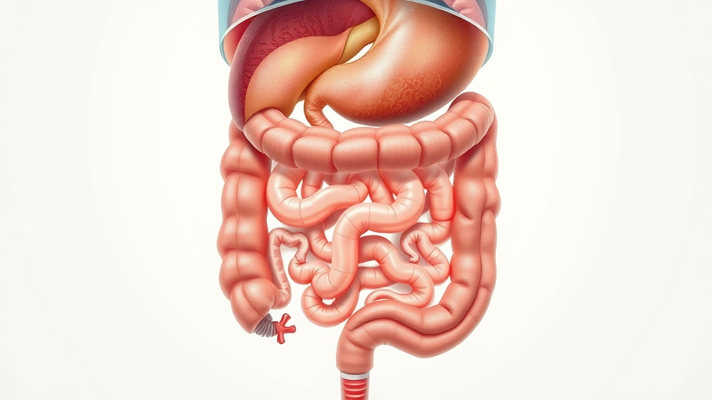 digestive system organs, focus on intestines, healthy gut, clinical illustration with labeled organ elements