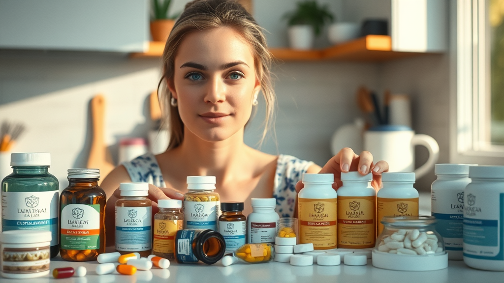 selection of fat burner supplement forms—capsules, softgels, powders—displayed on a modern kitchen counter