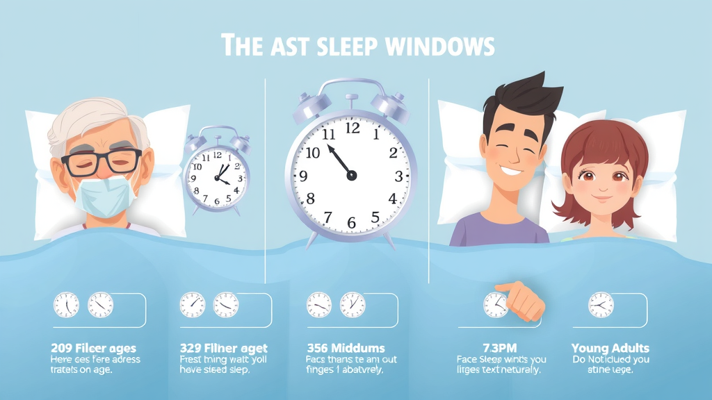 sleep habits of older adults, infographic style visual showing changing sleep windows and sleep statistics across ages
