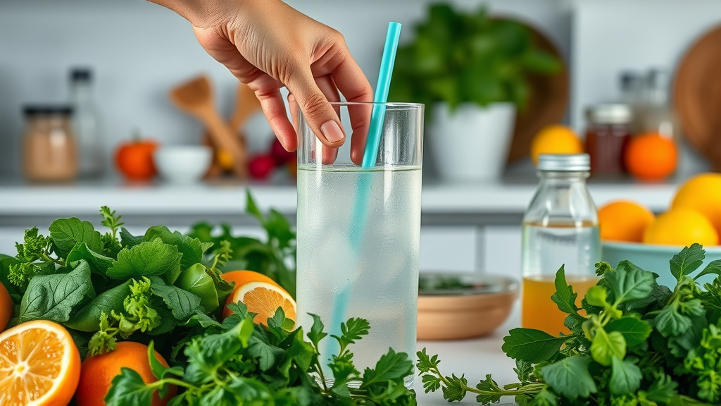 ingredients for drinks to lose weight including herbs, citrus, leafy greens, and fresh produce on a kitchen counter
