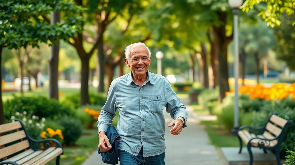 vibrant elderly couple walking in a park, aging health tips, healthy aging, older adults, green trees, bright flowers