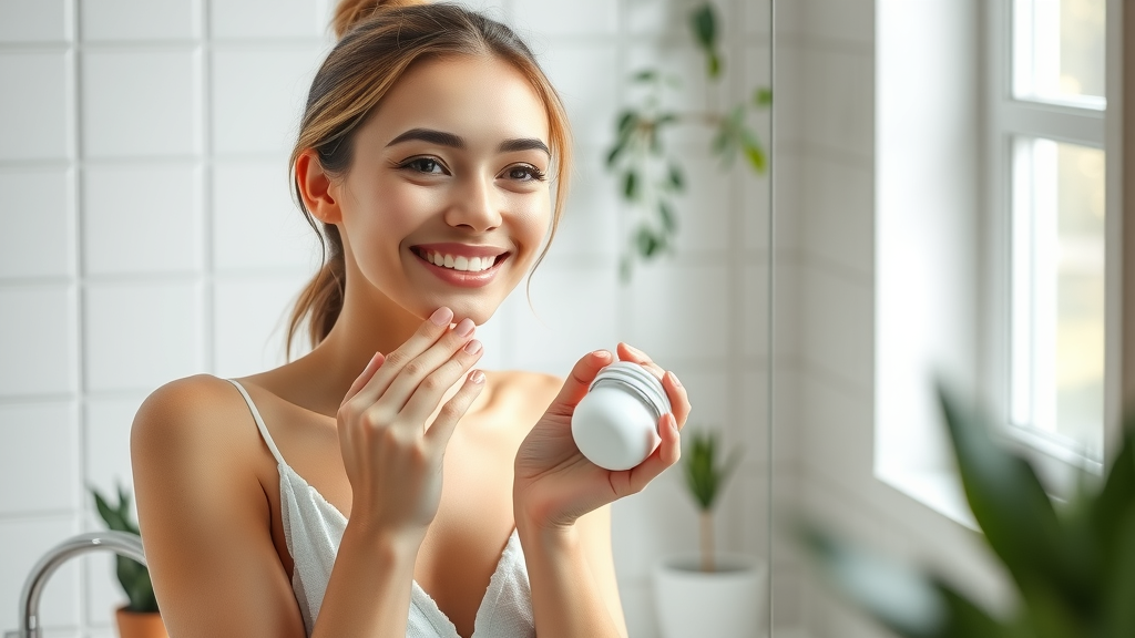 Woman applying moisturizing cream, satisfied with skin care routine, collagen for skin care