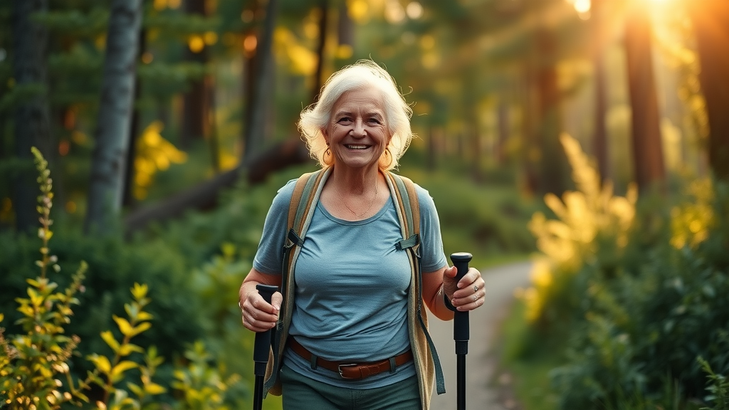 inspiring elderly woman hiking, leading an active life, physical activity for elderly, forested trail