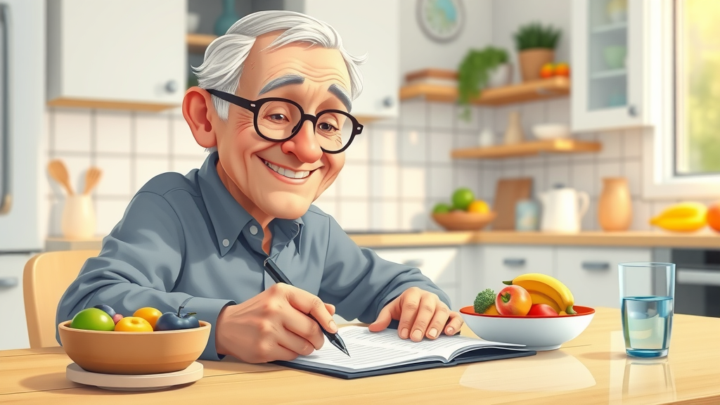 aging and nutrition elderly man organized meal planning writing a nutritious grocery list in kitchen