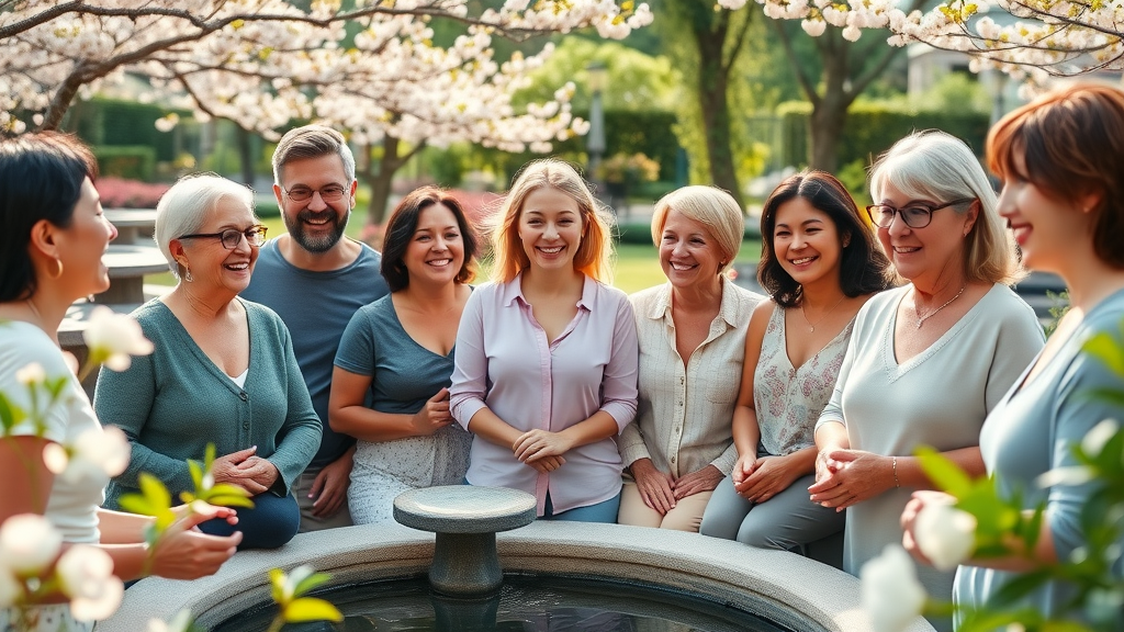 vibrant group of diverse adults smiling and engaging at a wellness retreat, anti-aging strategies in lush garden with cherry blossoms and serene water features