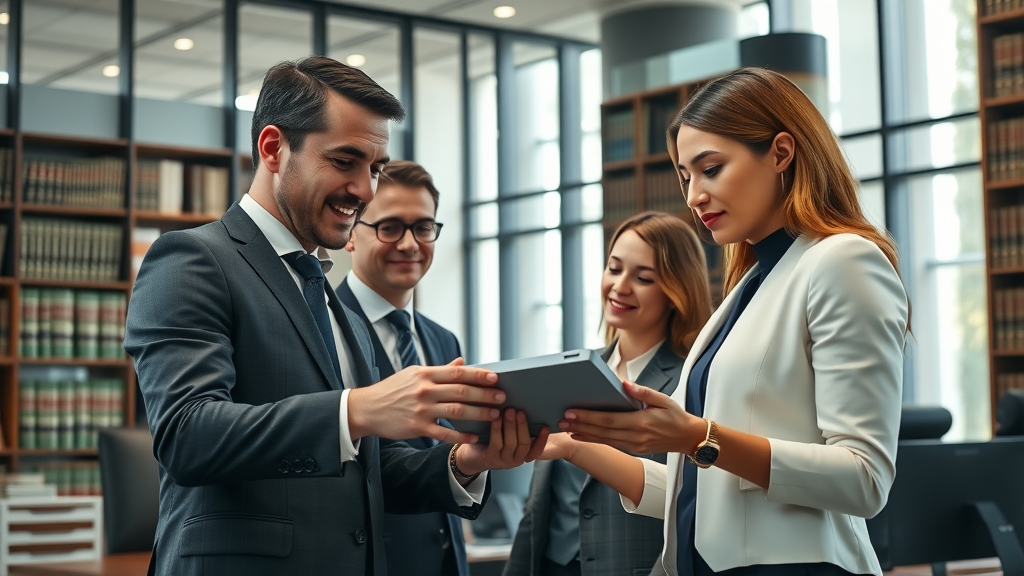 modern law office, professional lawyers discussing automation strategies, collaborating around a digital display with legal automation tools, elegant office space