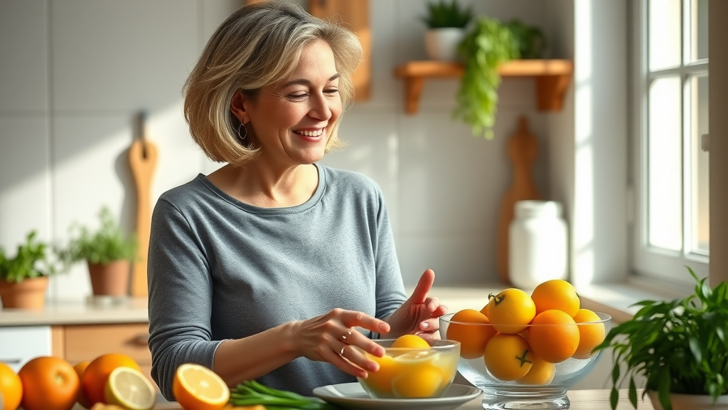 inspiring midlife woman with a gentle smile preparing fruits and vegetables for how to get a flat stomach without exercise in a sunlit kitchen
