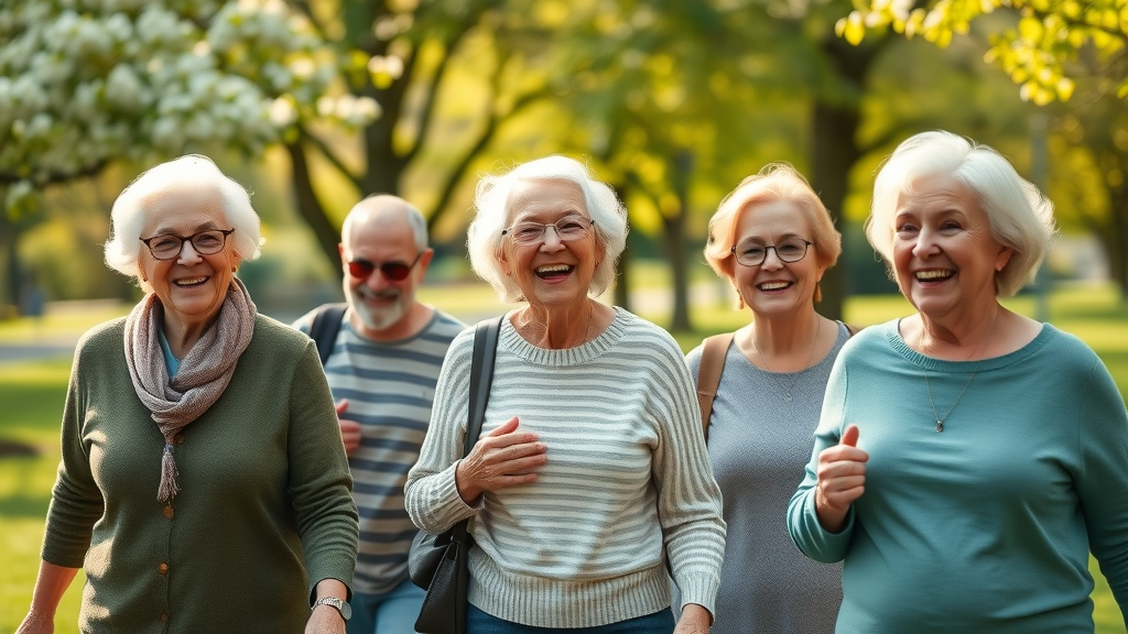 vibrant elderly adults, smiling and engaging in a group outdoor walk, physical activity for elderly, in a lush green spring park, high fidelity, natural tones