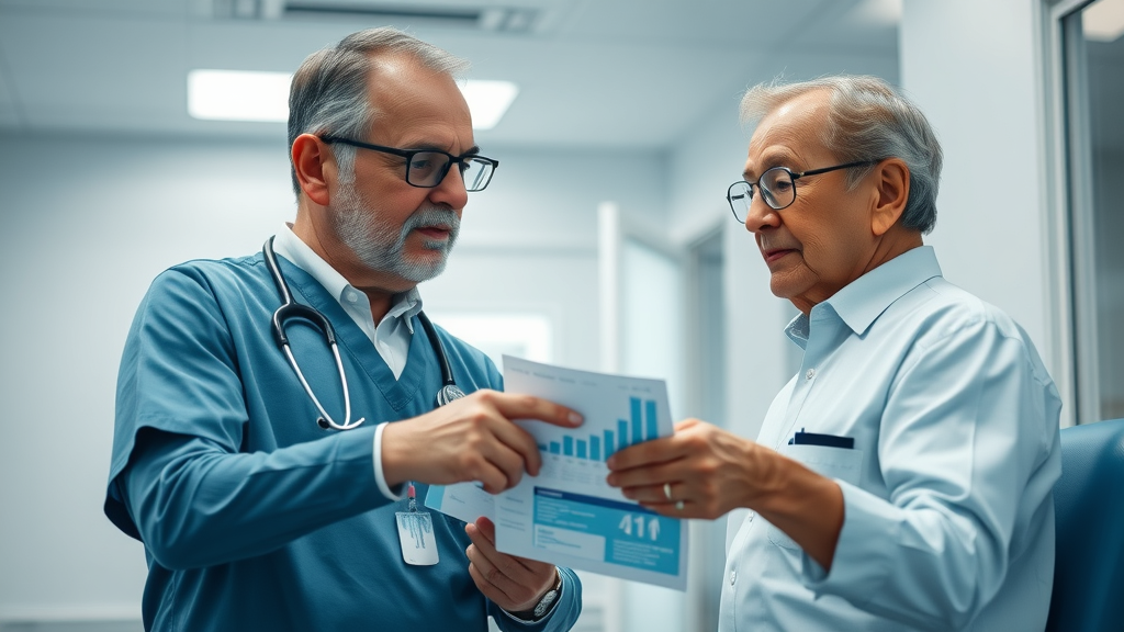 elderly sleep disorders health impact concerned healthcare professional elderly patient discussing digital health chart photorealistic interaction clinical setting blue white tones bright lighting