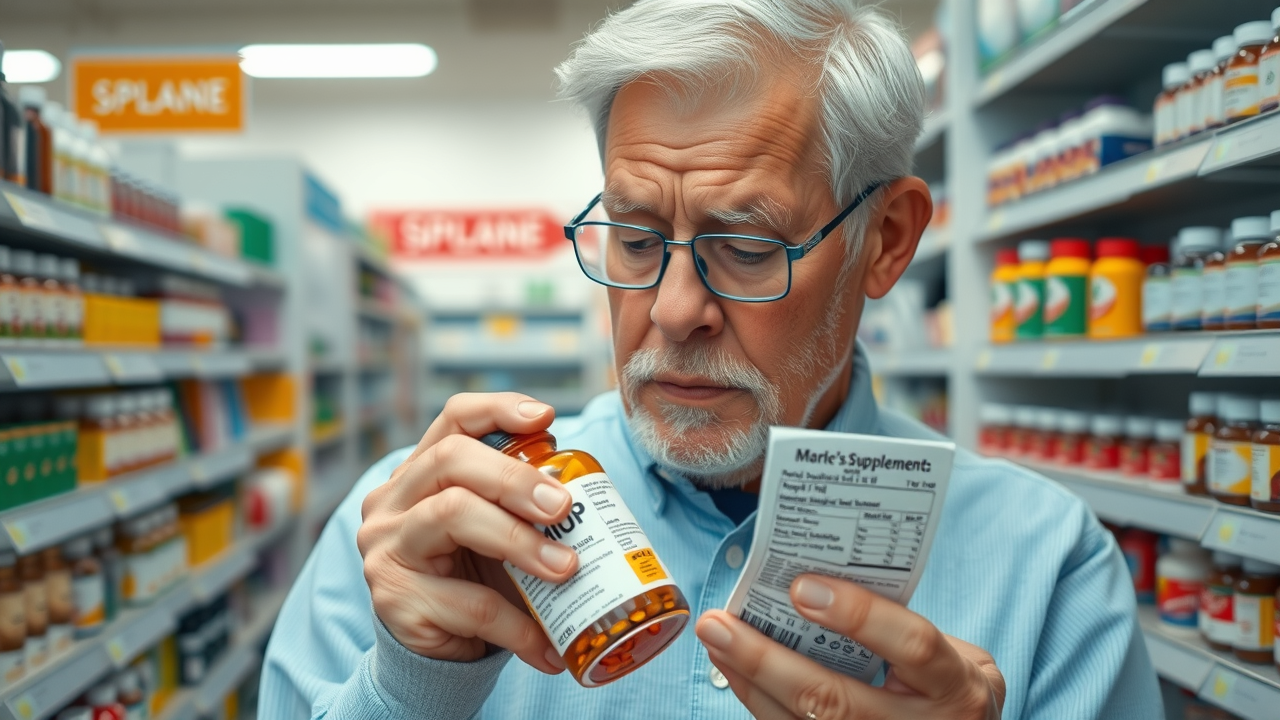 Elderly man reading a multivitamin dietary supplement label in a pharmacy aisle.
