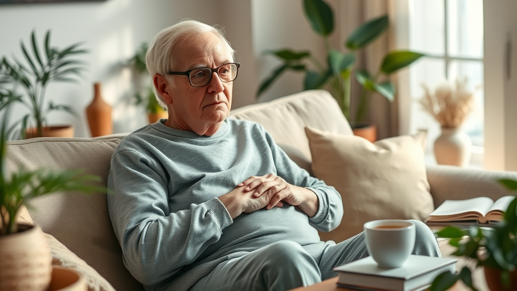 natural arthritis pain relief serene mature person in cozy living room with plants and herbal tea