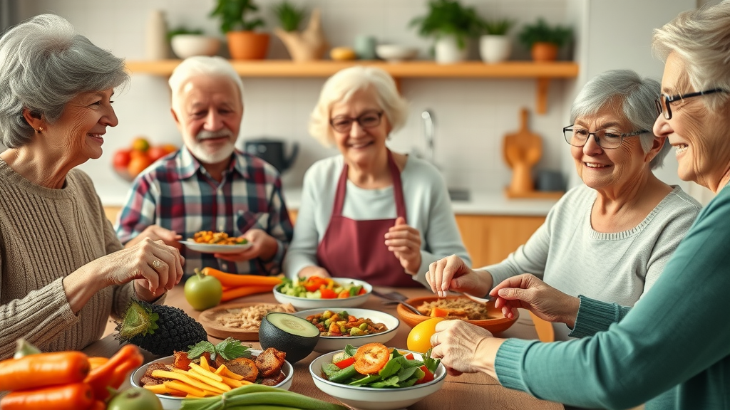 older adults preparing healthy meals for senior health in a cozy kitchen