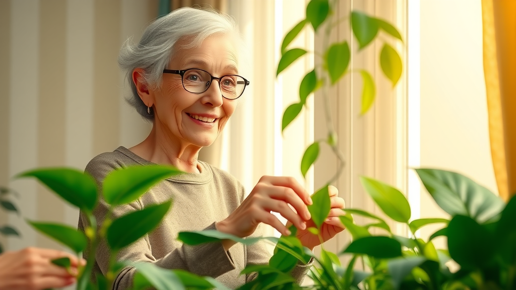elder wellness active elderly woman mental health home plants