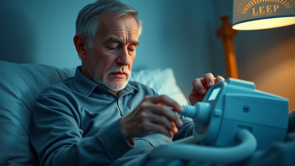 Concerned elderly man adjusting CPAP for sleep apnea, affecting senior mental health and sleep quality