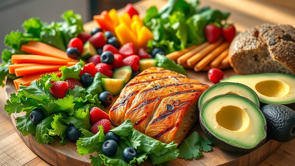 Healthy eating for older adults with leafy greens, berries, salmon, whole grains, and avocados for a balanced diet