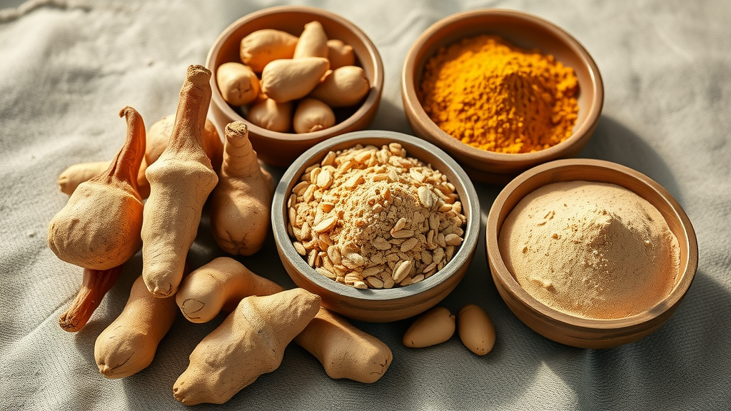 Raw maca root and powder displayed in rustic bowls, popular plant-based booster for energy production