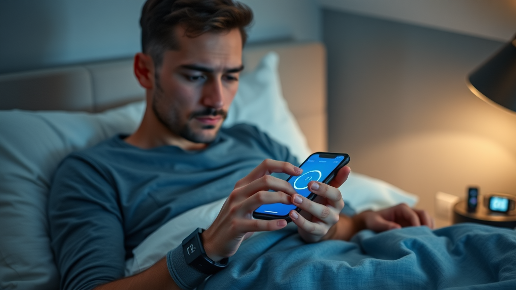 focused individual using sleep tracker app to evaluate sleep quality and cognitive function