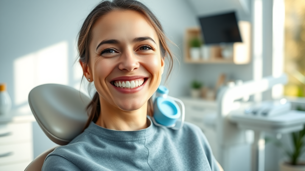 healthy teeth and gums adult woman smiling in dental clinic