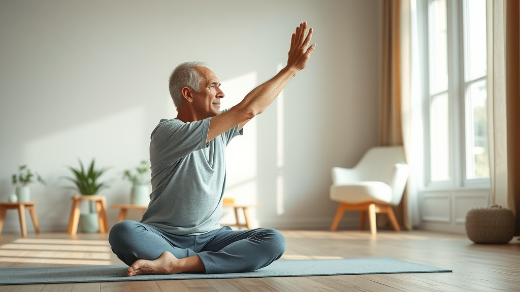 Vital senior man practicing yoga for energy, senior fitness nutrition energy