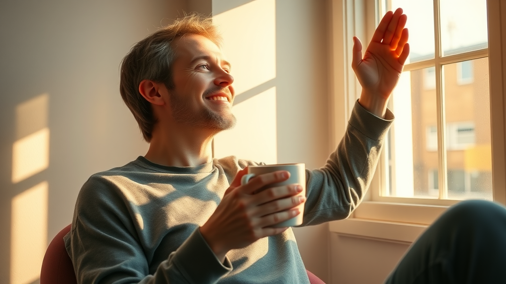 Person enjoying natural sunlight by a window, capturing Vitamin D intake for improved energy levels