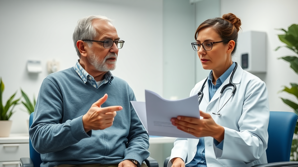 doctor with older adult, discussing health screening results, preventive care, healthy aging