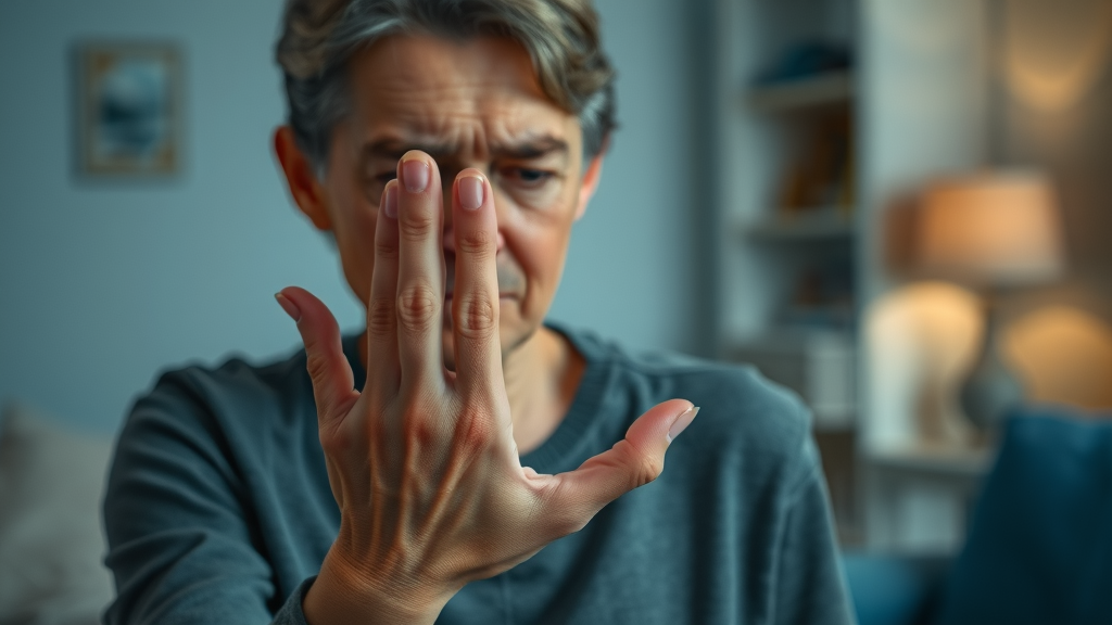 Person holding hand due to tingling sensation, a symptom of peripheral nerve pain or neuropathy