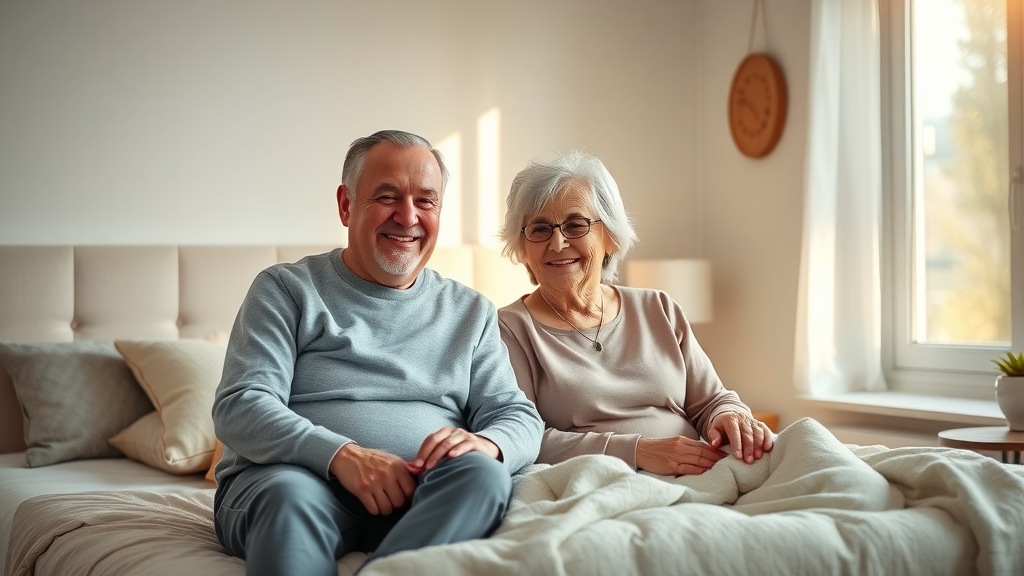 Warm, cheerful senior couple in a cozy bedroom enjoying good sleep - senior mental health and sleep
