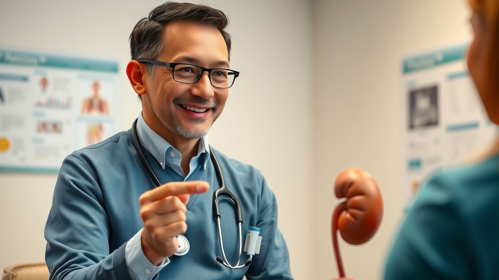 doctor answering patient questions with kidney model consultation