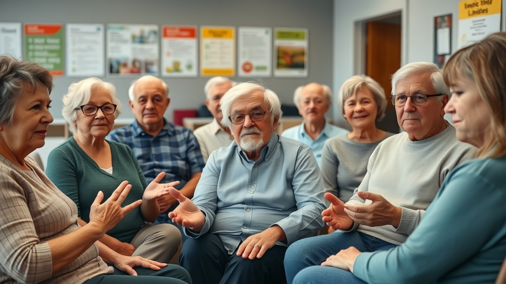 diverse group of older adults attending support group, seeking improved access to mental health care