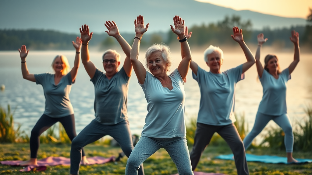Older adults practicing yoga outdoors for lifelong health and age-related diseases prevention
