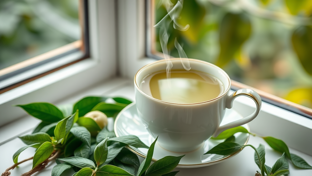 green tea fat burning drink for weight loss with tea leaves and greenery in the background