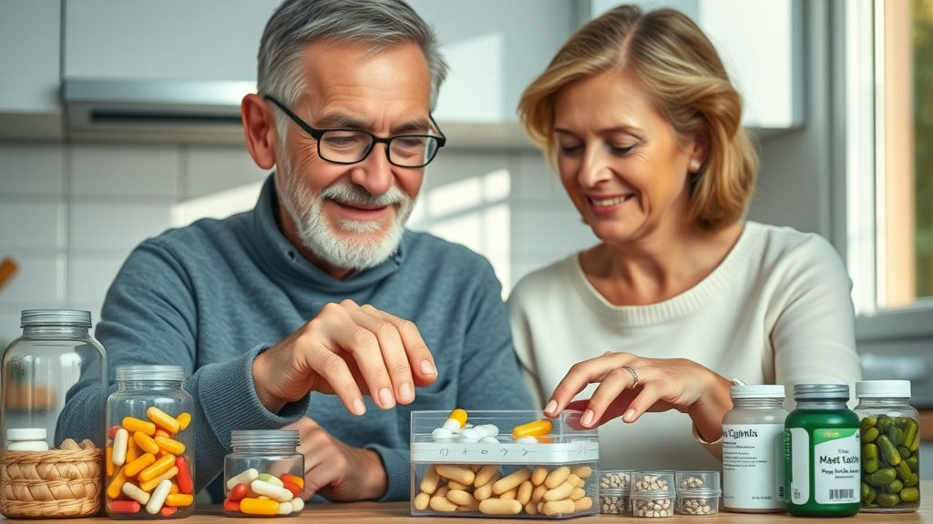 Orderly senior couple organizing daily nutritional supplements in a pill organizer at kitchen counter.