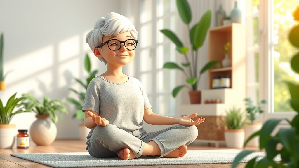 senior woman meditating beside herbal supplements for improved sleep aid