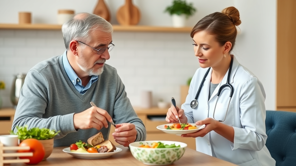 Senior and dietitian review meal plan options; inviting sample meal plan for senior nutrition