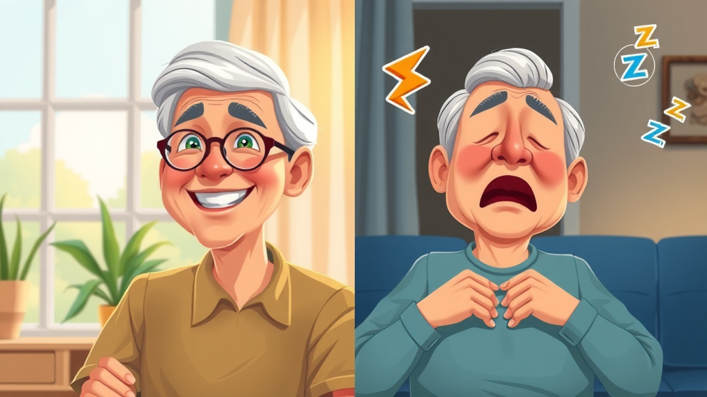 sleep habits of older adults, split image of alert older adult vs tired, yawning older adult, energy and sleep icons